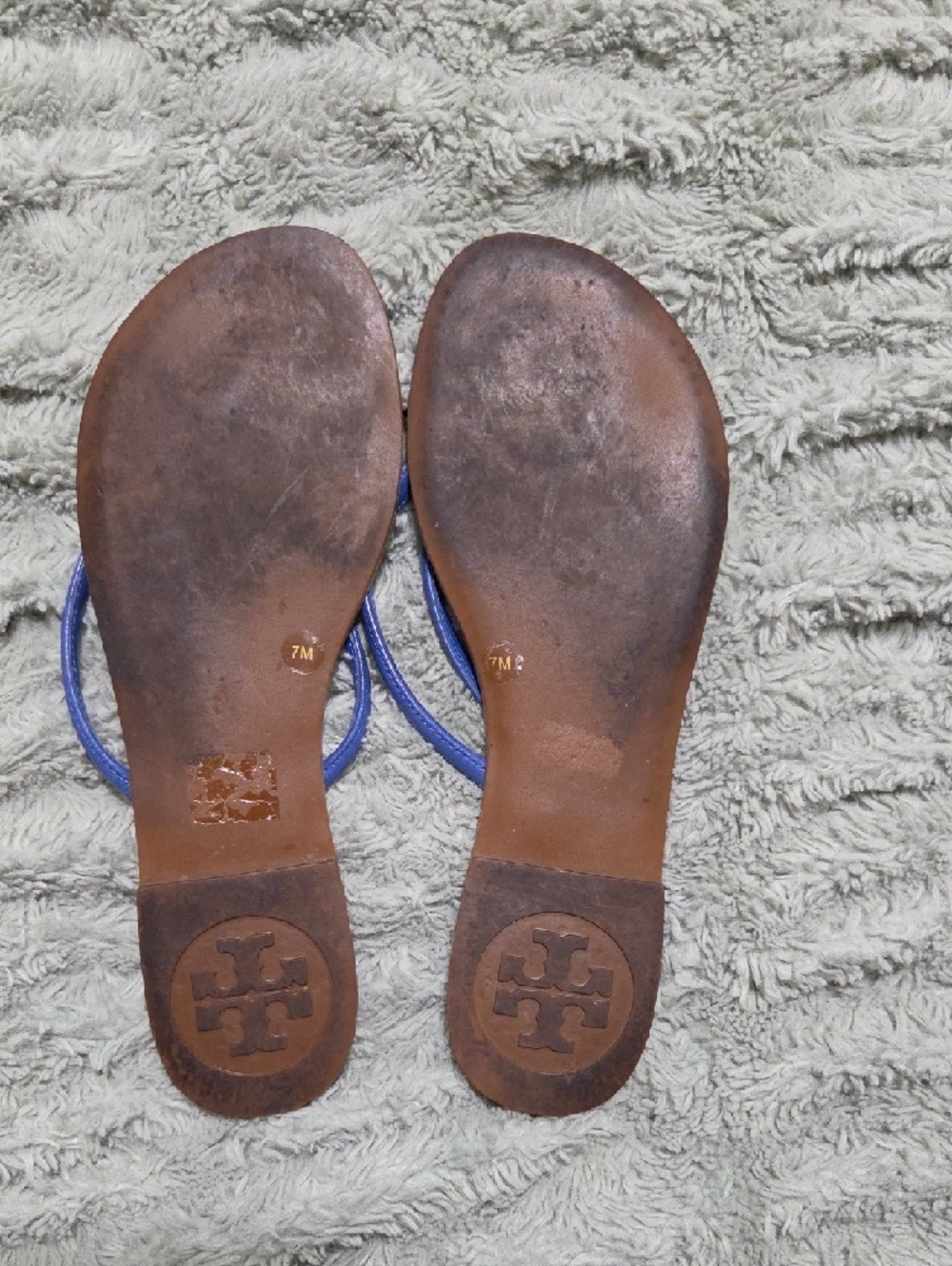 Tory Burch Blue Strap Tan Leather Flip Sandals - Picture 3 of 7
